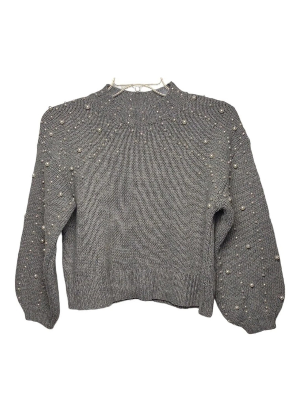 Pearl-Embellished Gray Knit Sweater - Women's High Neck Drop Shoulder Crop